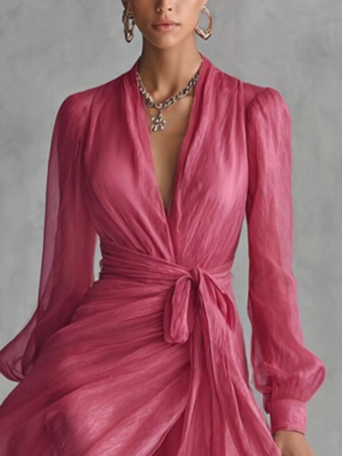 Women's Strawberry Long Sleeve Chiffon Wrap Maxi Dress with High Slit - Strawberry