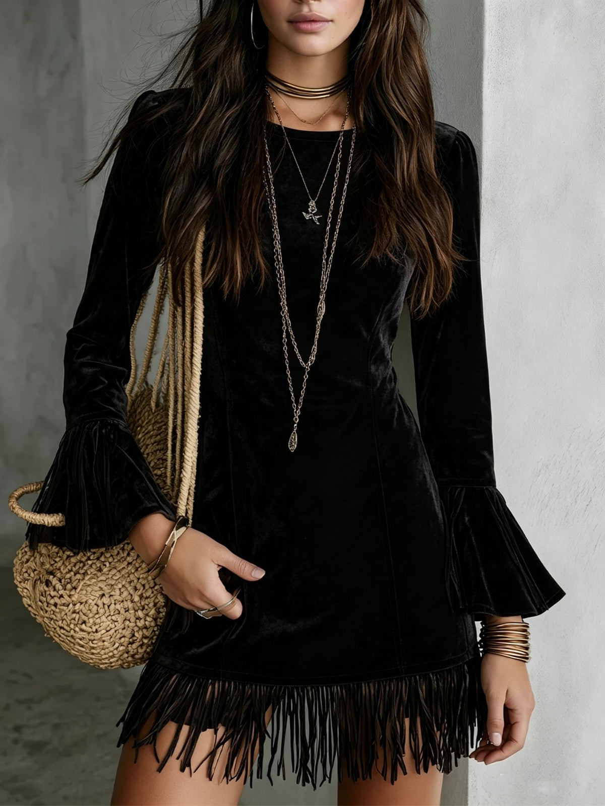 Women's Faux Suede Tassel Slim-fit Long Dress