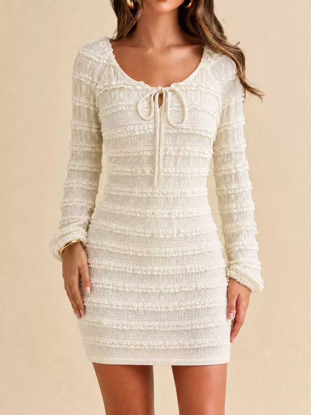 Women's Apricot Textured Long-Sleeve Bodycon Mini Dress with Tie-Front - Apricot