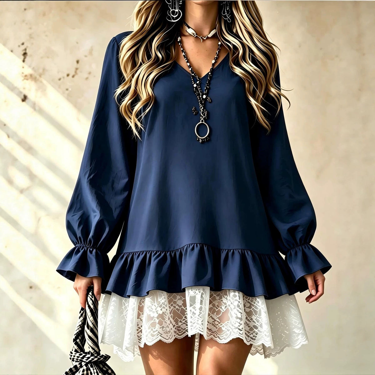 Versatile Lace Spliced Dress, Fashion Long Sleeve Ruffled Mini Dress
