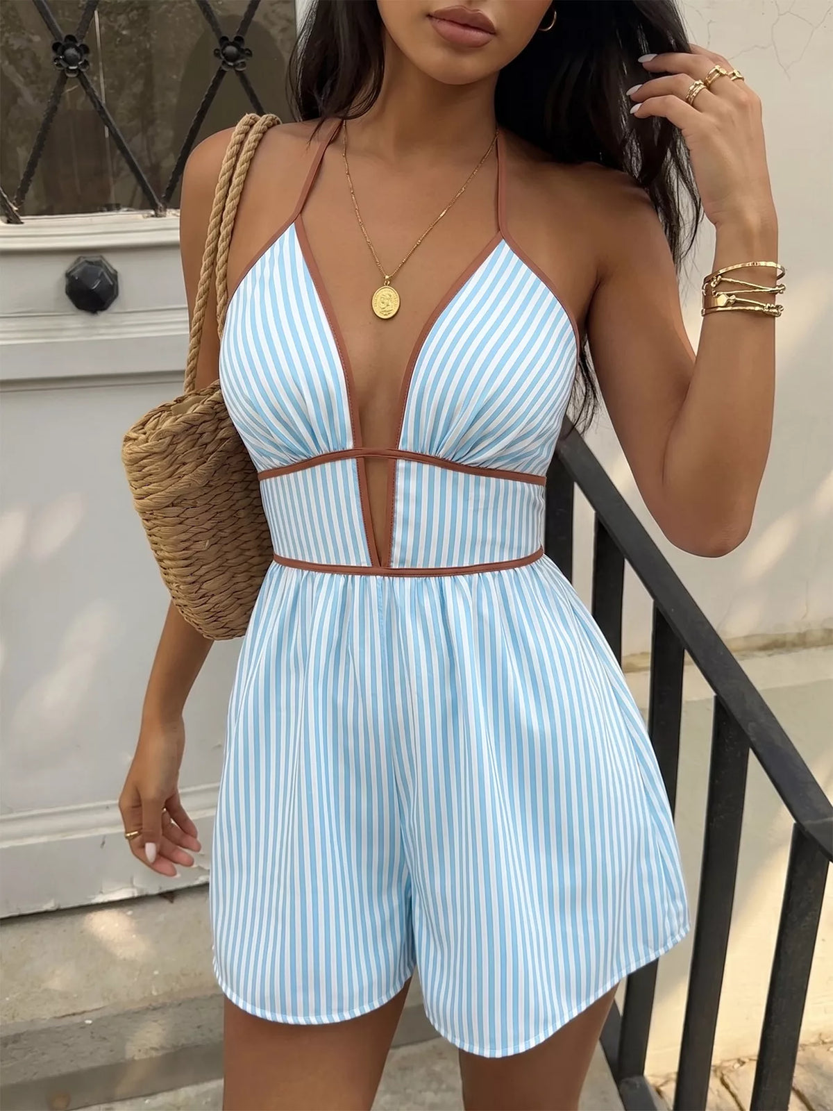 Women's Blue Striped Halter Neck Romper - Blue