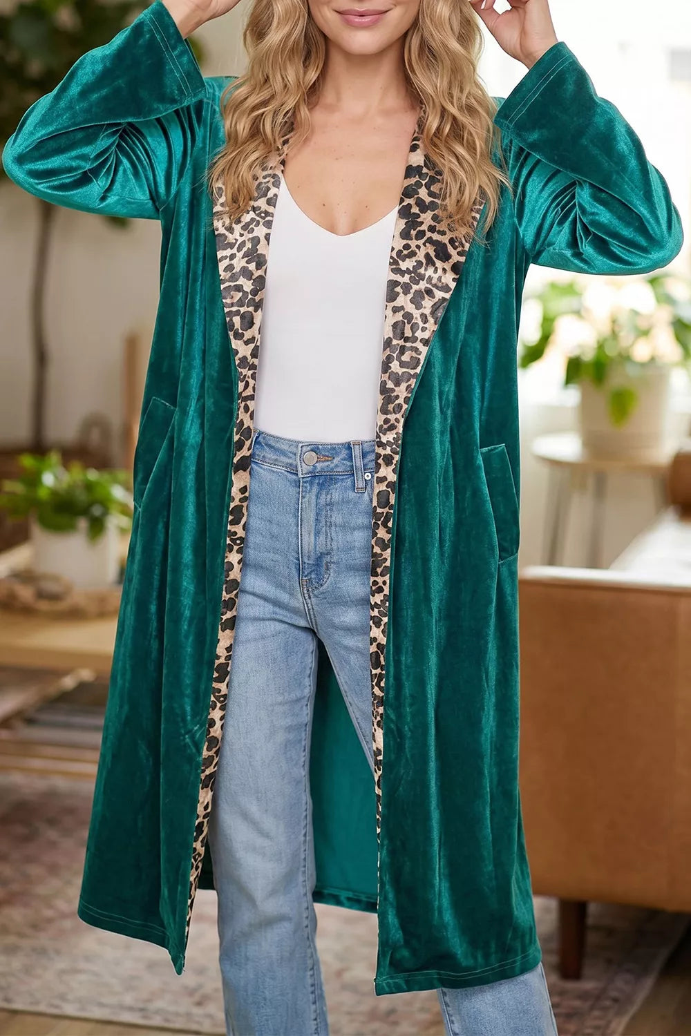 Women's Deep Teal Velvet Contrast Leopard Print Lapel Collar Open Front Cardigan - Deep Teal