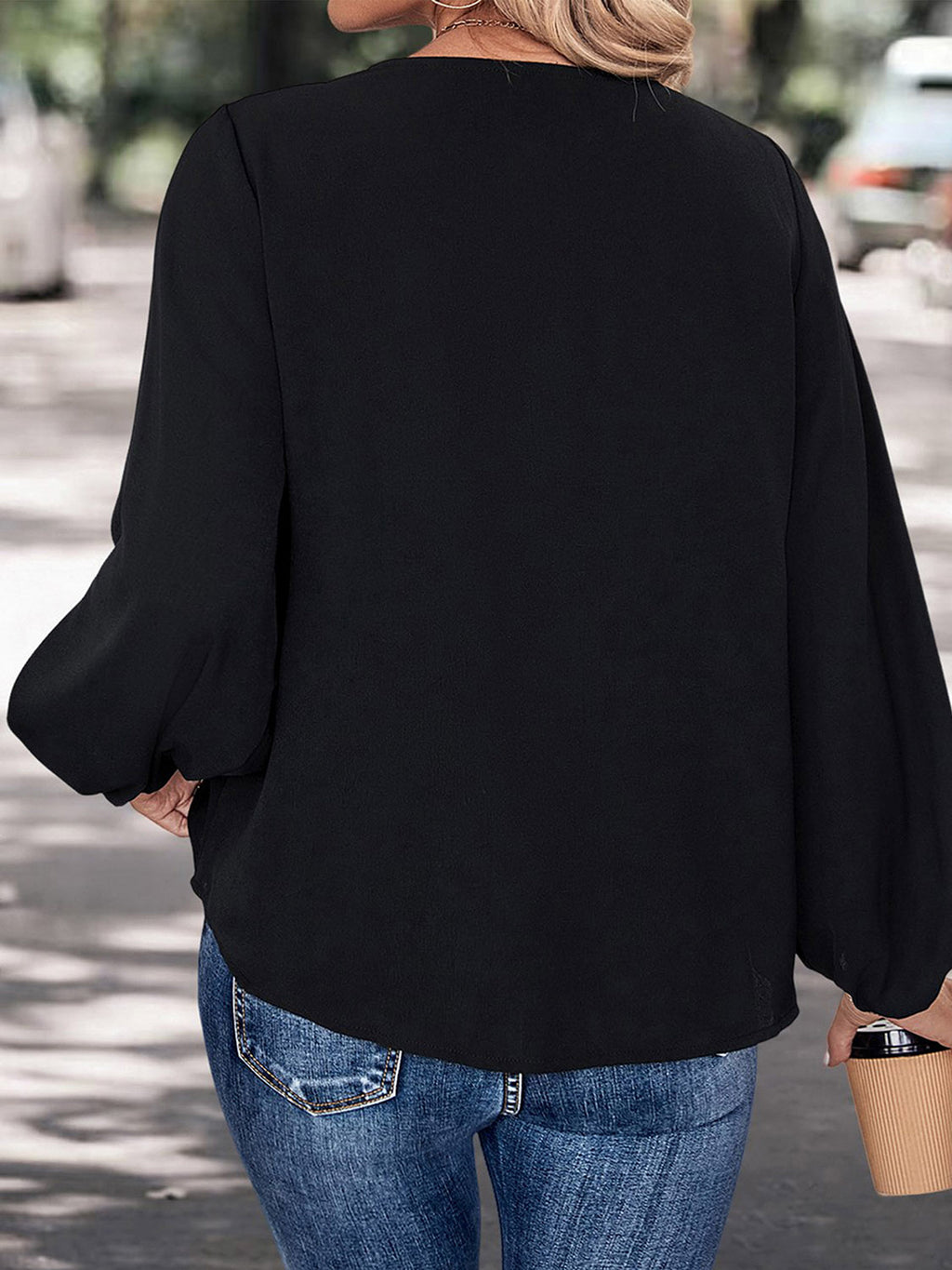 Women's Black Contrast V-Neck Long Sleeve Blouse - Black
