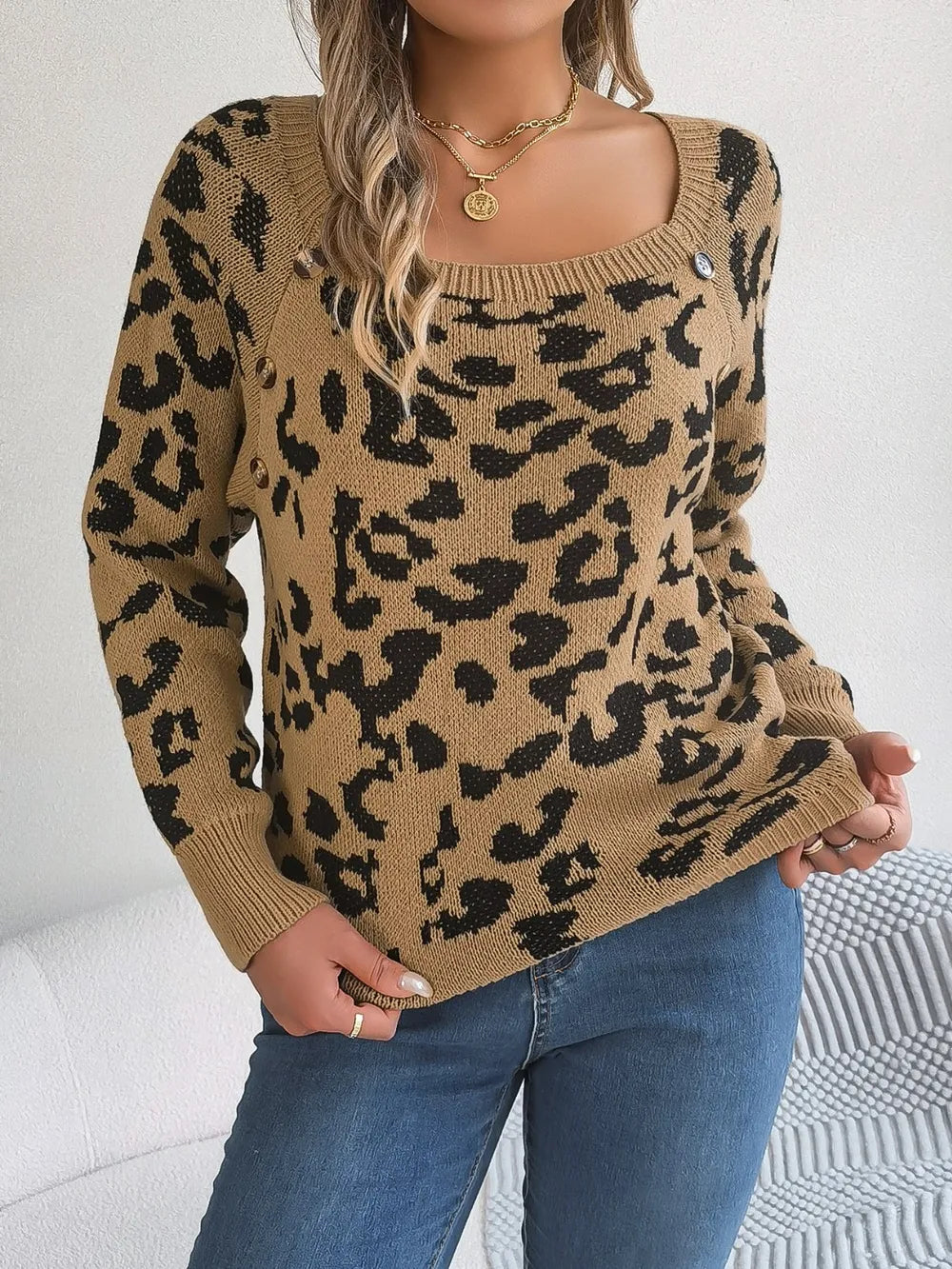 Women's Leopard Buttoned Square Neck Sweater - Khaki