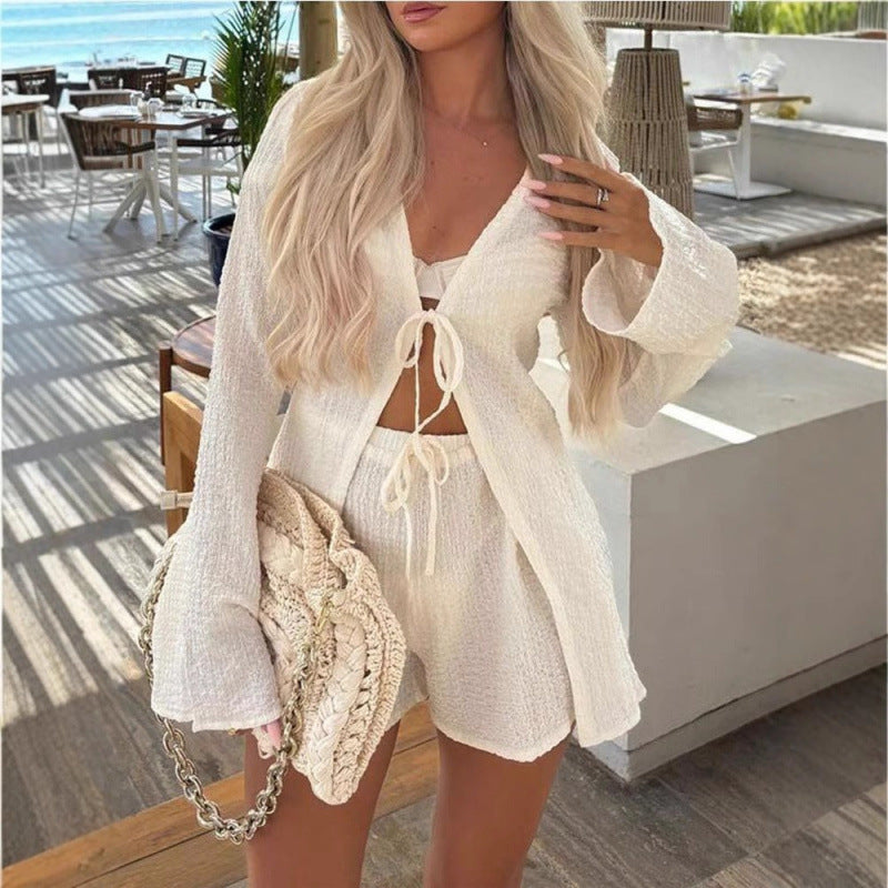Women's Spring Summer Women Vacation Loose Two Piece Set Tie Shorts Outfit Elastic Waist Top - Apricot
