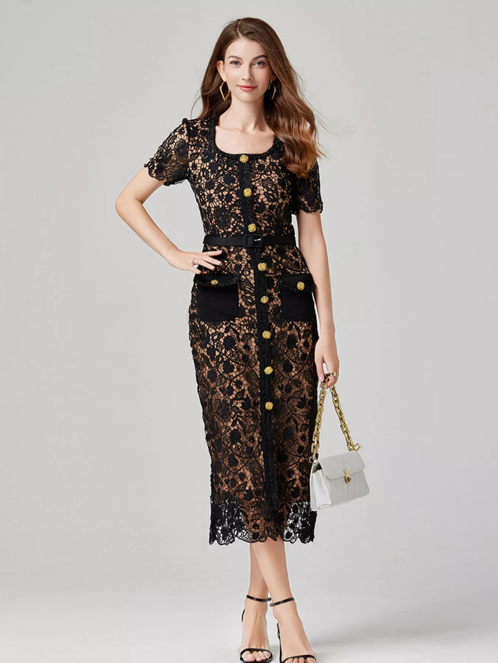 Women's Lace Button-Up Midi Dress