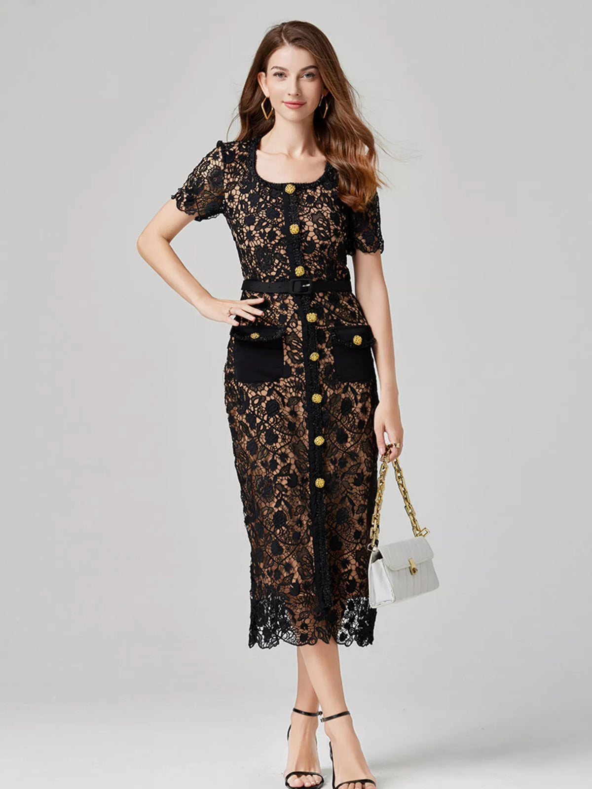 Women's Lace Button-Up Midi Dress