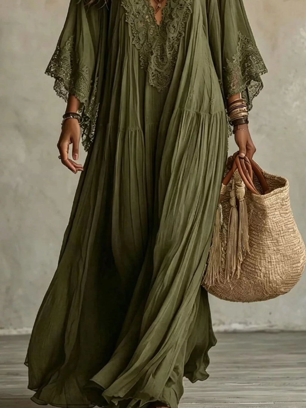 Women's Lace Trim V-Neck Maxi Dress