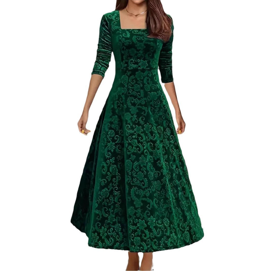 Plus-size Fashion Elegant Solid Color Jacquard Long-sleeve Square-neck Dress, Loose Extra-large Size Gold Velvet