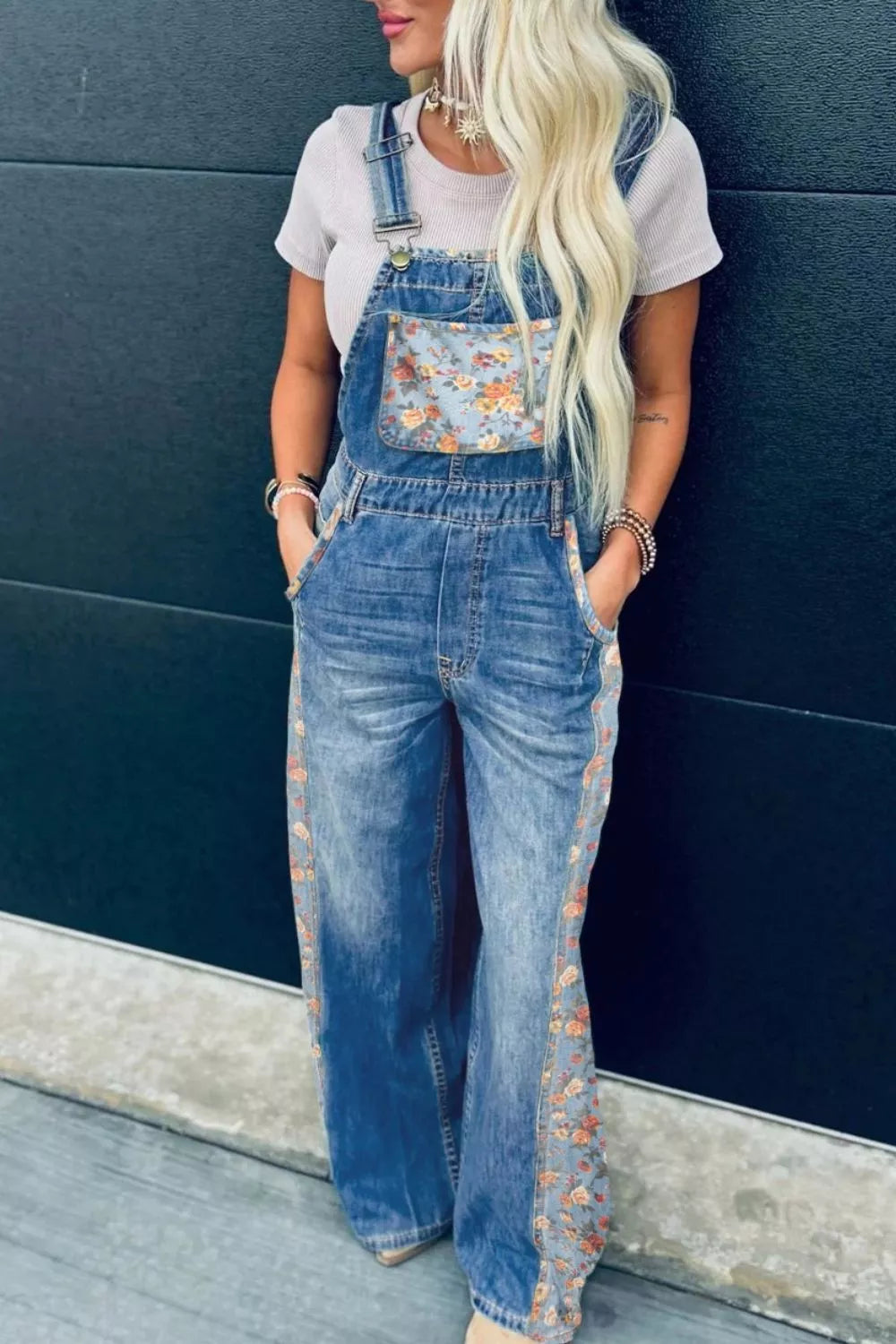 Women's Dusty Blue Vintage Rose Printed Pleated Loose Denim Overall - Dusty Blue