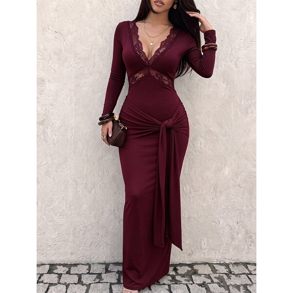 Women's Solid-Color Lace Deep-V Long-Sleeve Spliced Bandage Dress