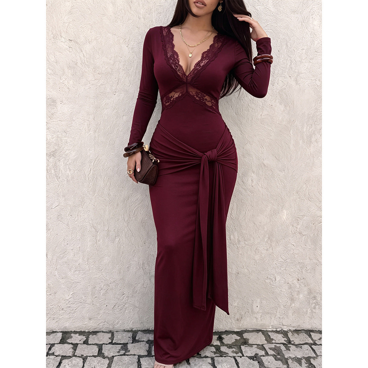 Women's Solid-Color Lace Deep-V Long-Sleeve Spliced Bandage Dress