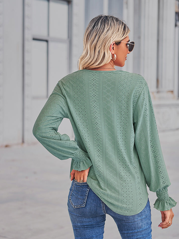 Women's V-Neck Eyelet Flounce Sleeve Blouse