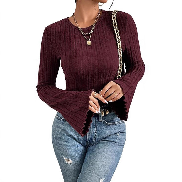 Ribbed, Brushed Crew-neck Long-sleeve Womens T-shirt
