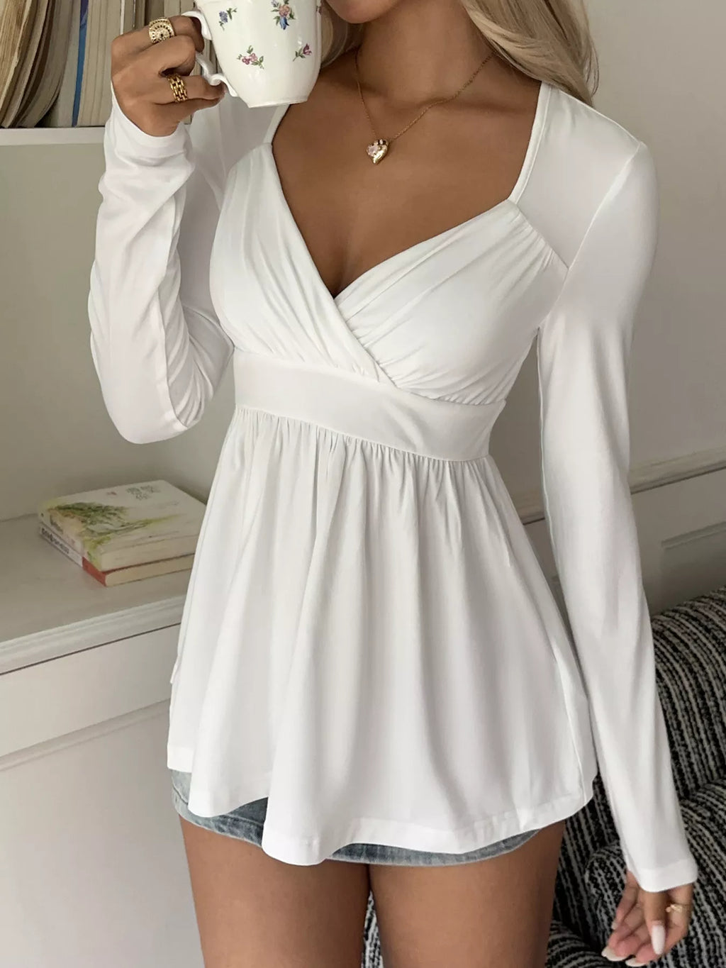 Women's White Surplice Peplum Long Sleeve Top - White