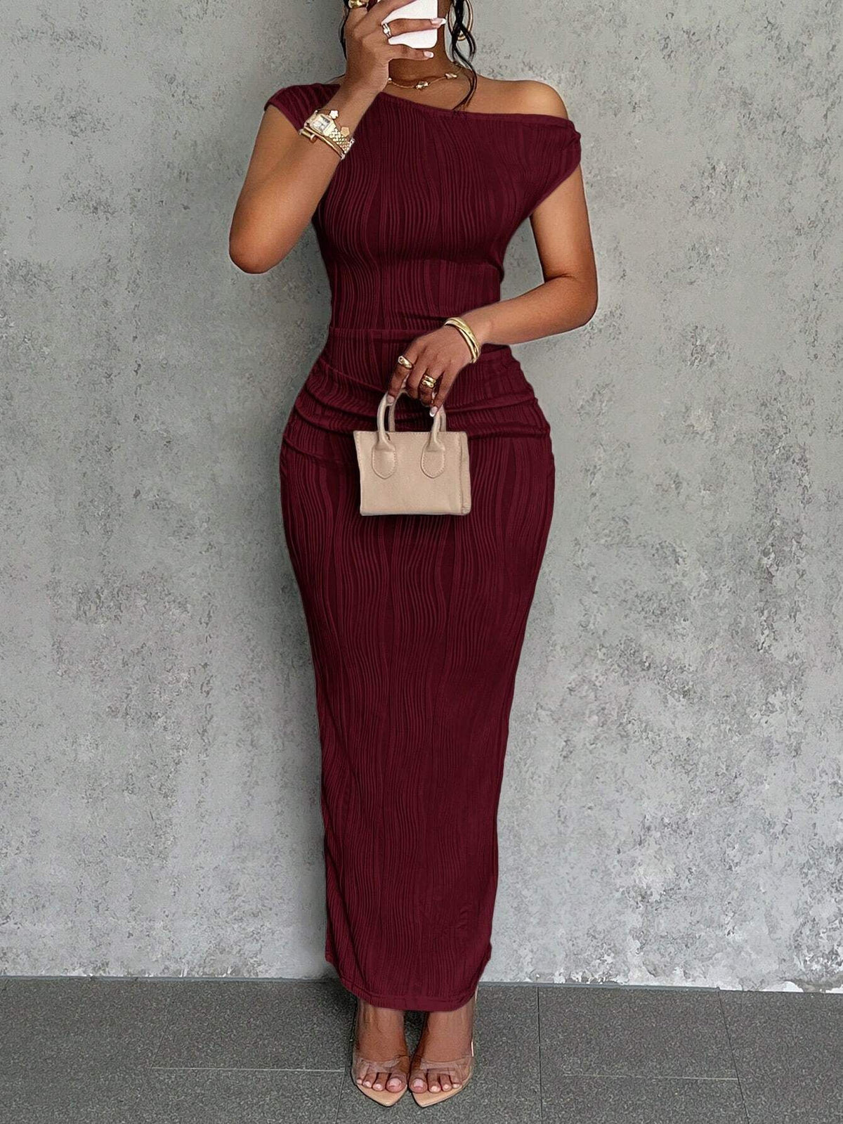 New Cute Fashion Water Ripple Slant Shoulder Dress