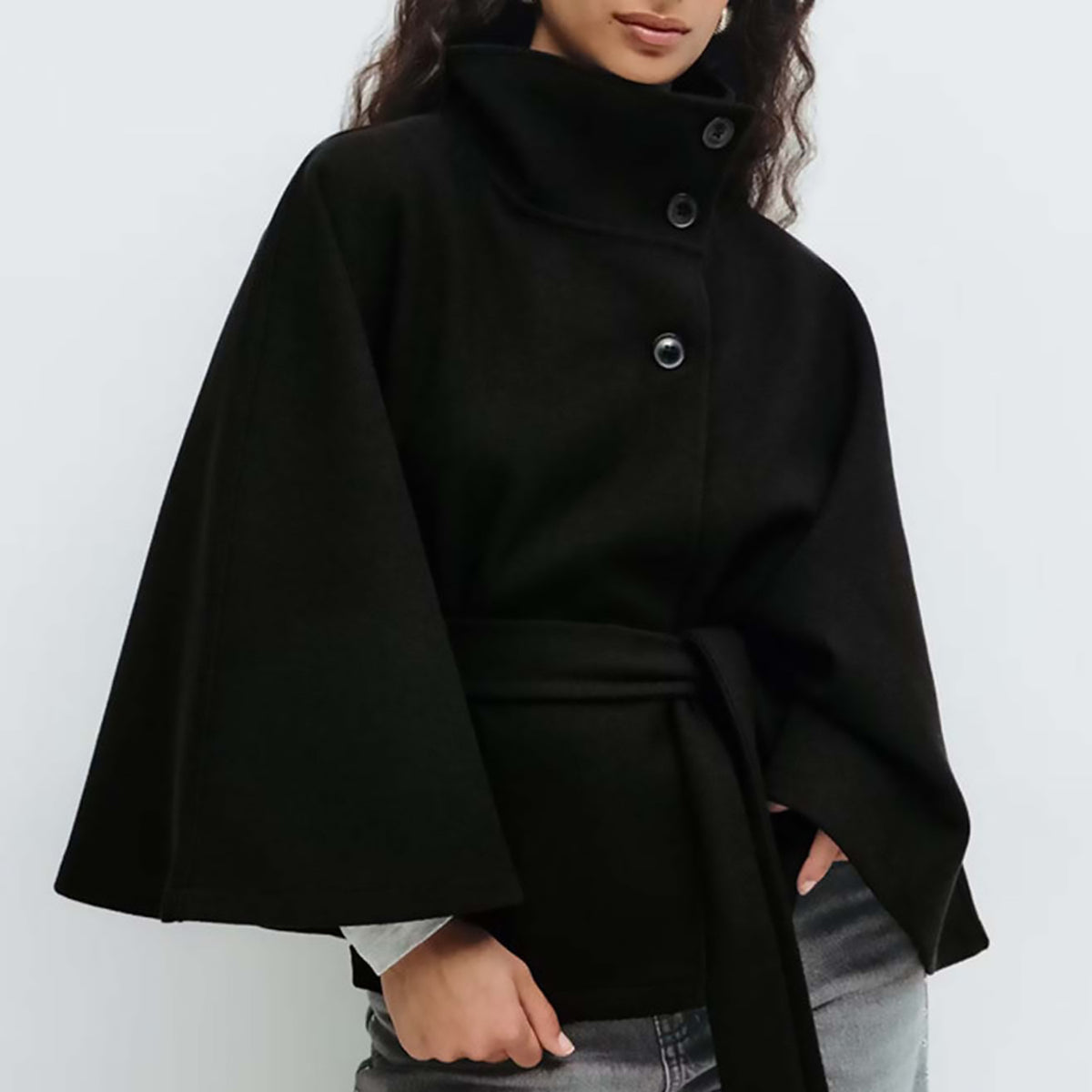 Women's Autumn And Winter New Fashion Solid Color Cape Stand Collar Button Belt Trench Coat Jacket