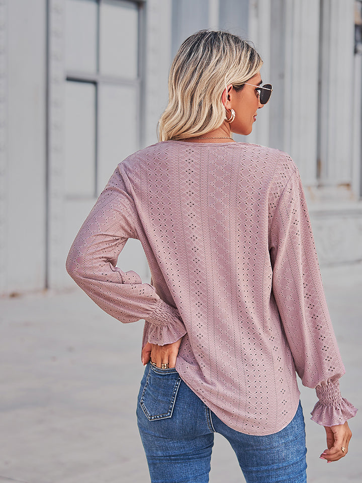 Women's V-Neck Eyelet Flounce Sleeve Blouse