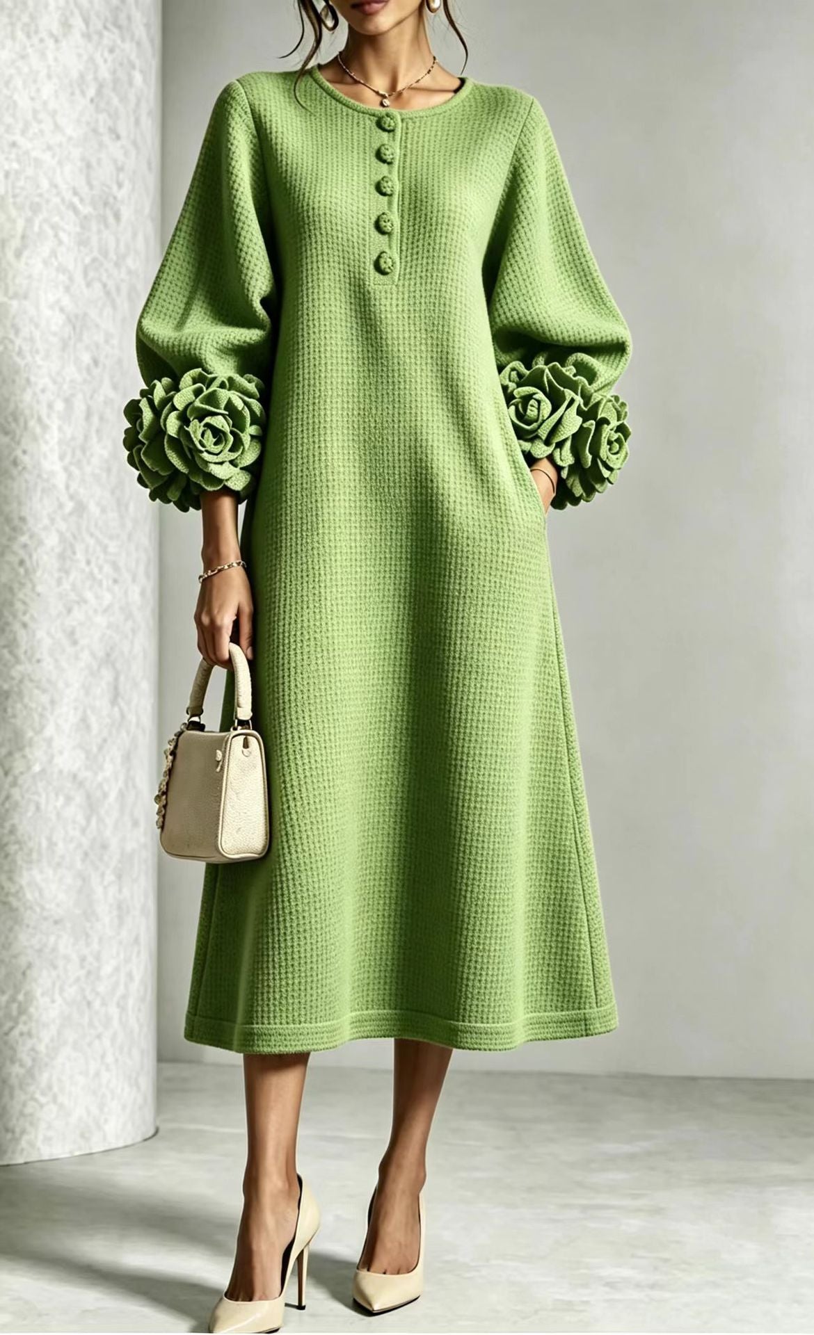 French-style Three-dimensional Floral Lantern-sleeve Cotton-linen Dress