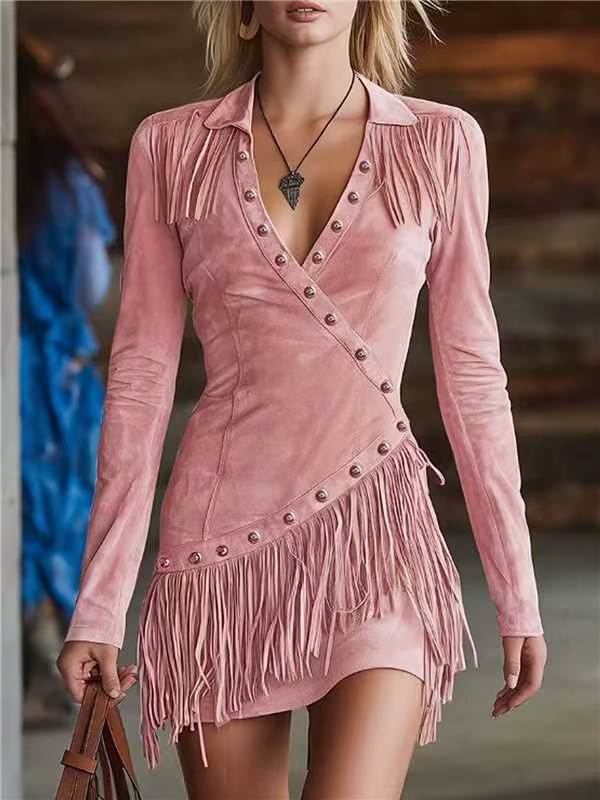 Women's Western Cowgirl Faux Suede Mini Dress, Lapel V Neck Long Sleeve Rivet Fringe Wrap Slim Party Dress
