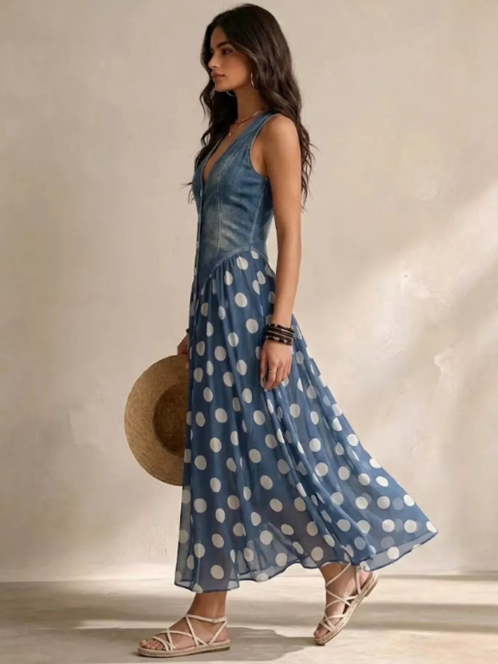 Women's Medium Polka Dot Denim Bodice Sleeveless Maxi Dress - Medium