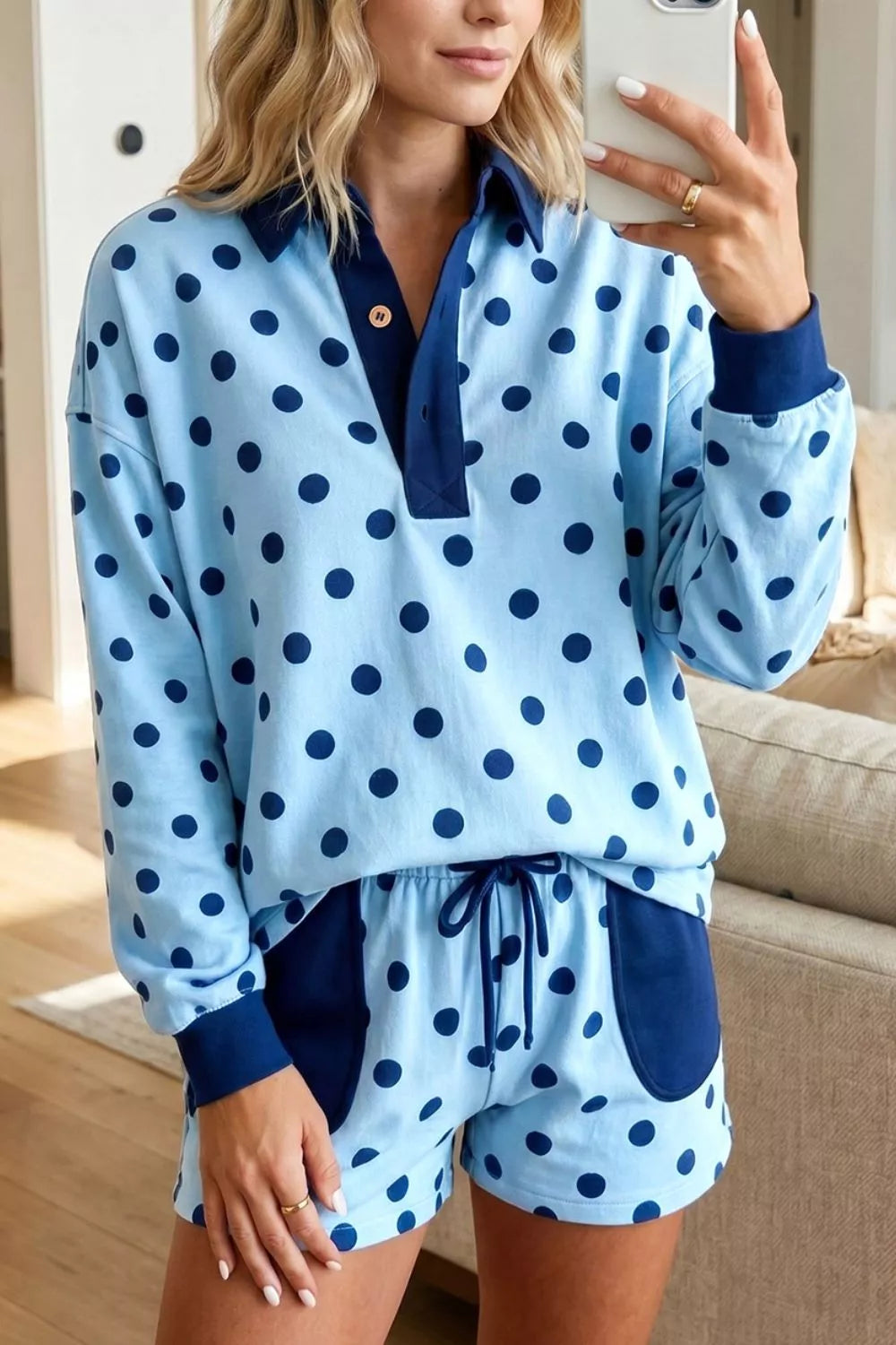 Women's Light Blue Polka Dot Drop Shoulder Polo Loose Pullover Patch Pocket Casual Shorts Set - Light Blue