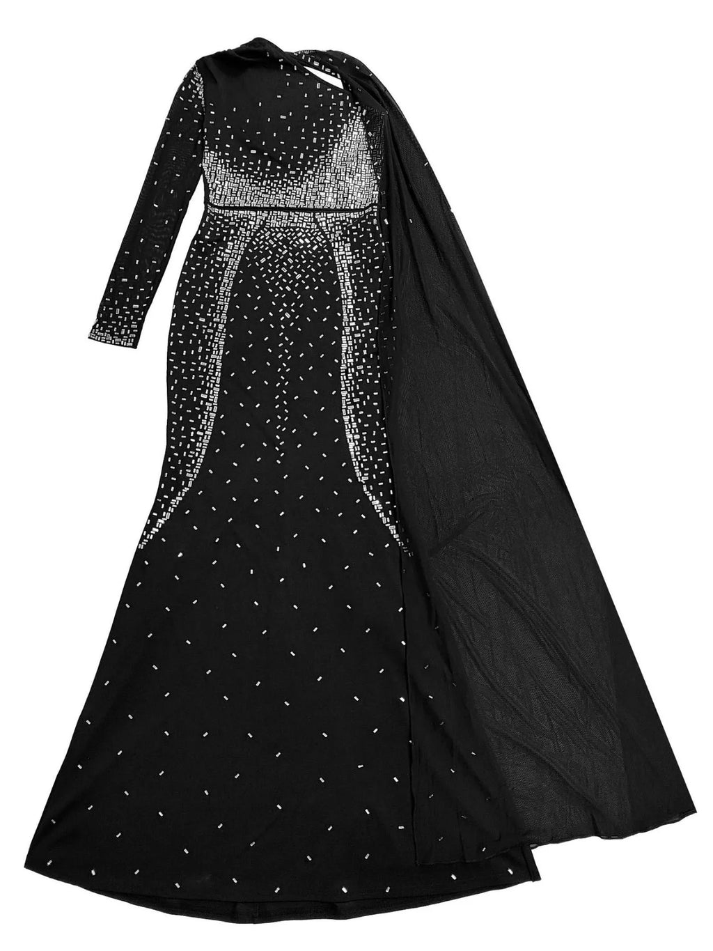 Women's Black Rhinestone Embellished Cape Maxi Dress - Black