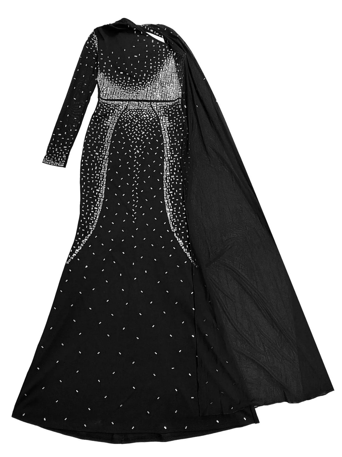 Women's Black Rhinestone Embellished Cape Maxi Dress - Black