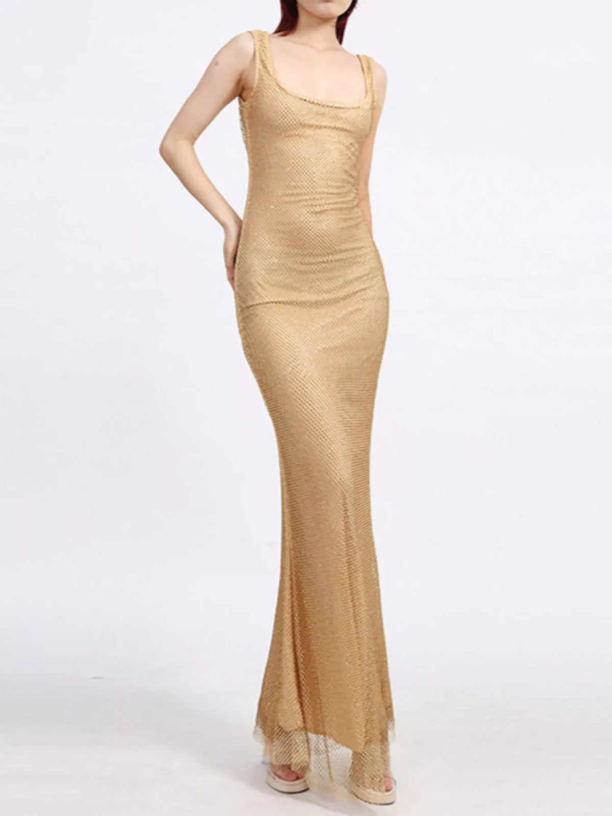 Women's Backless Scoop Neck Maxi Dress - Gold