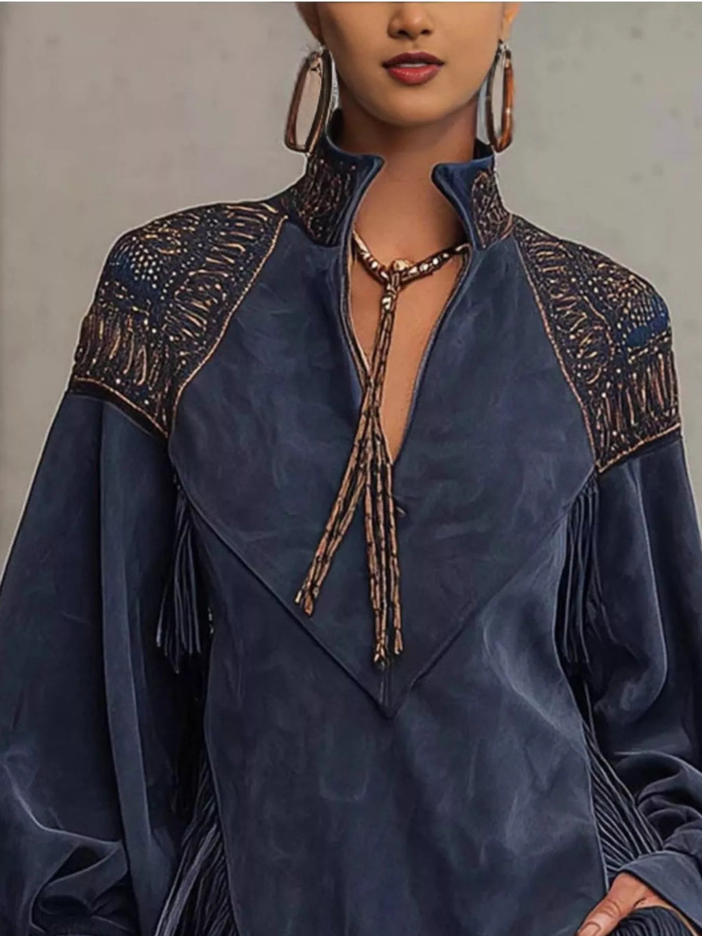 Women's Dark Navy Fringed Lantern Sleeve Mini Dress - Dark Navy