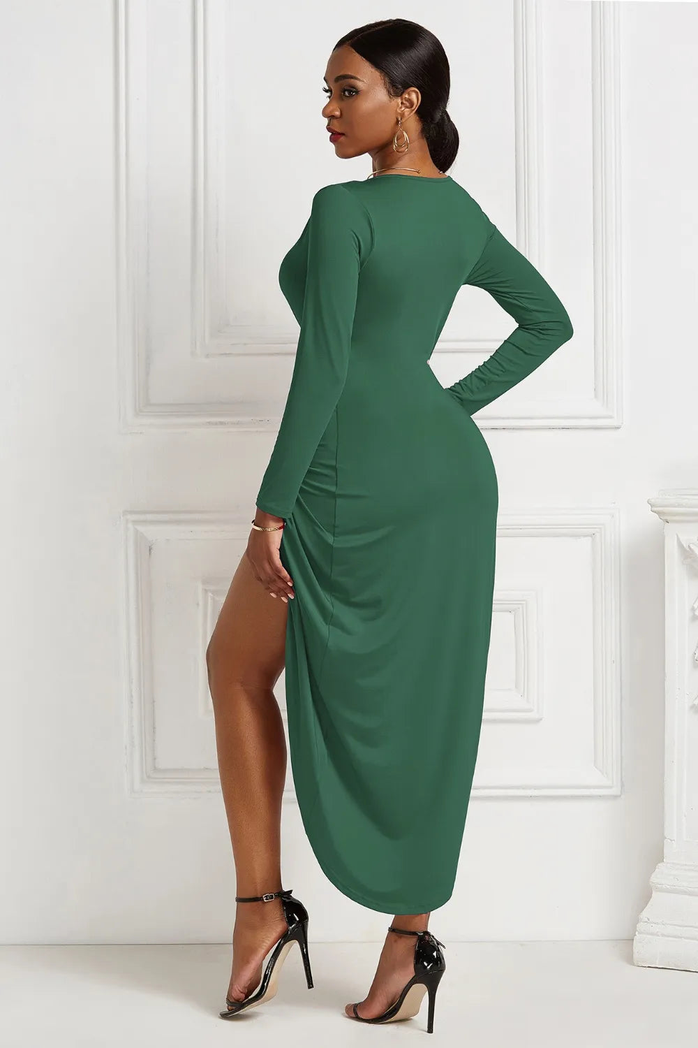 Women's High-low Ruched Surplice Long Sleeve Dress