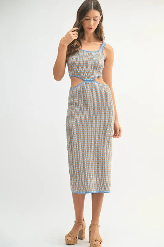Women's AQUA Multi Color Chevron Knit Bodycon Midi Dress - AQUA