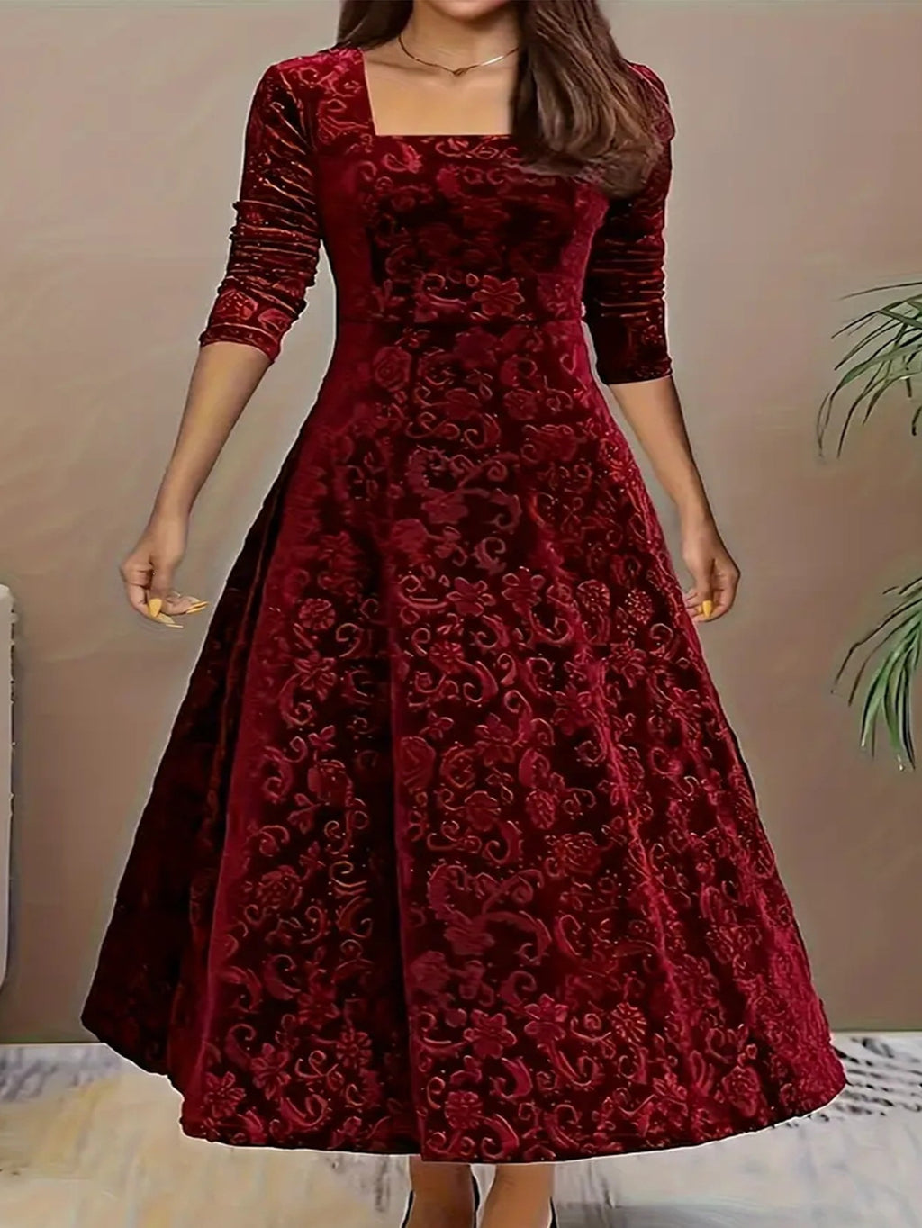 Plus-size Fashion Elegant Solid Color Jacquard Long-sleeve Square-neck Dress, Loose Extra-large Size Gold Velvet