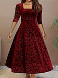 Plus-size Fashion Elegant Solid Color Jacquard Long-sleeve Square-neck Dress, Loose Extra-large Size Gold Velvet