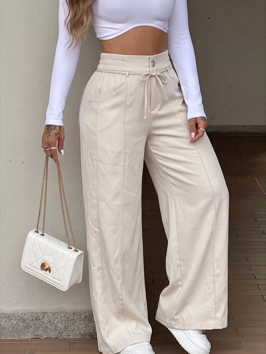 Women's Apricot High-Waisted Wide-Leg Pants - Apricot