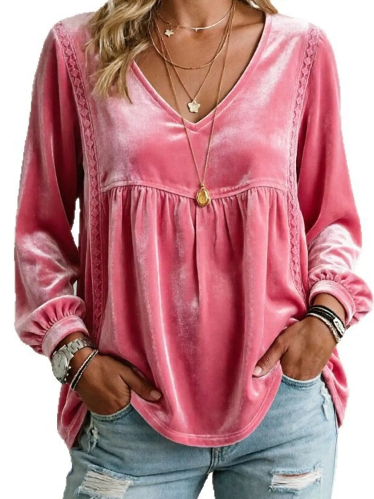 Full Size V-Neck Long Sleeve Velvet Blouse with Lace Trim Plus Size