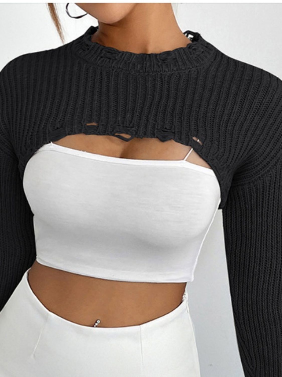 Women's Distressed Long Sleeve Cropped Sweater