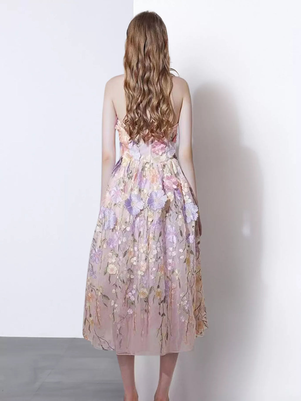 Women's Strapless Floral Applique Midi Dress