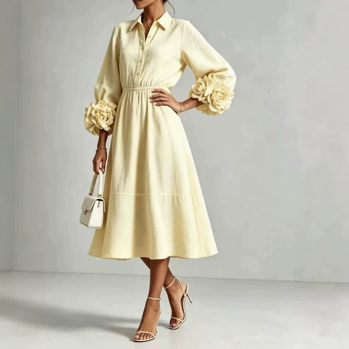 Best-selling Solid-color Round-neck Long-sleeved Floral Dress