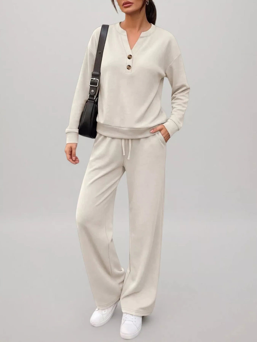 Women's Button Detail Dropped Shoulder Top and Pants Set - Apricot