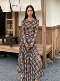 Women's Brown Plaid Long-Sleeve Slim-Fit Maxi Dress - Brown