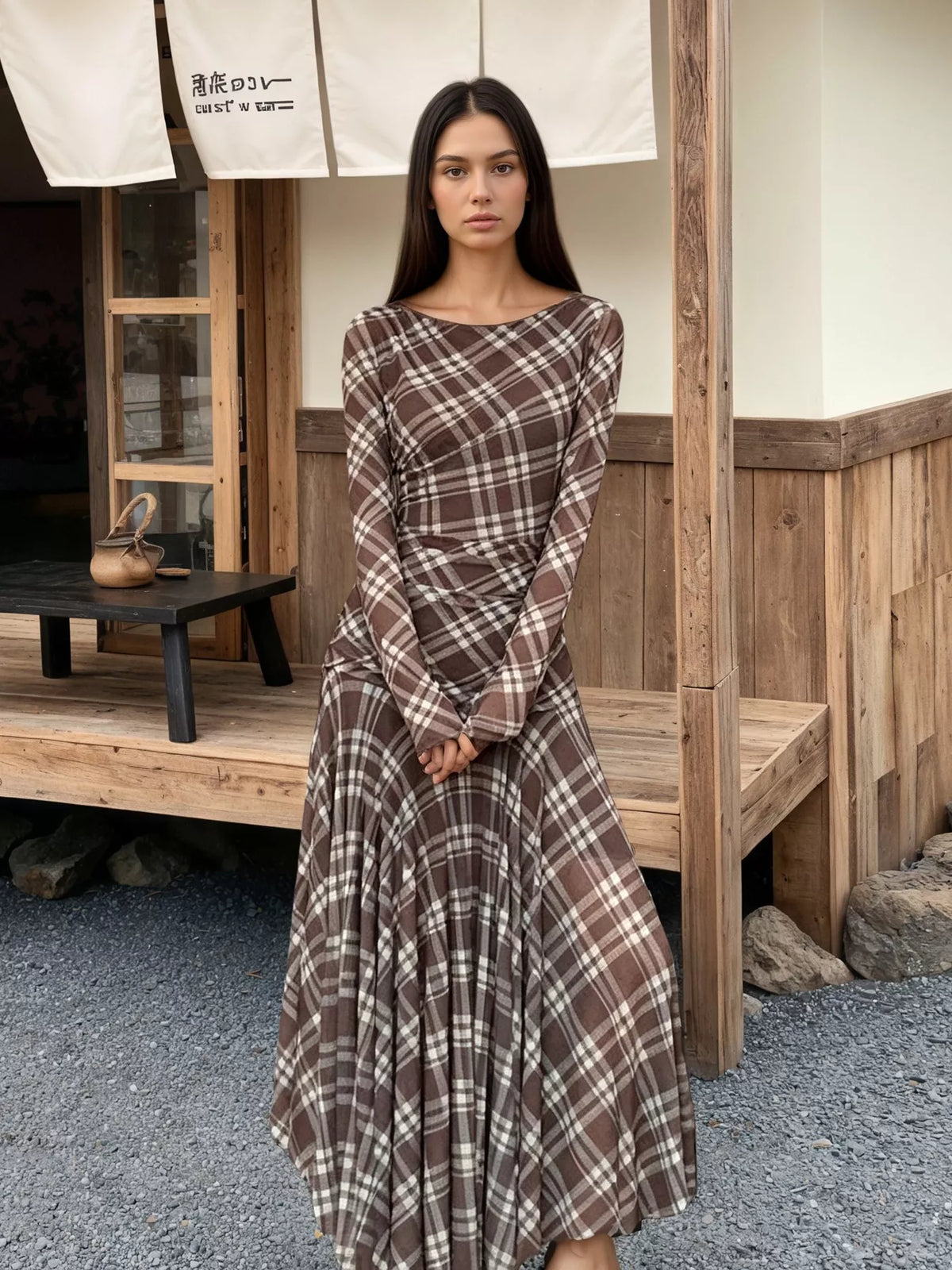 Women's Brown Plaid Long-Sleeve Slim-Fit Maxi Dress - Brown