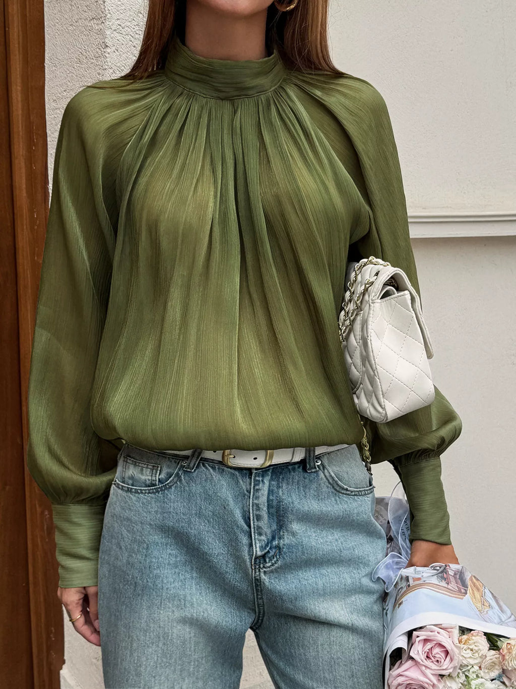 Women's Green Mock Neck Lantern Sleeves Blouse - Green