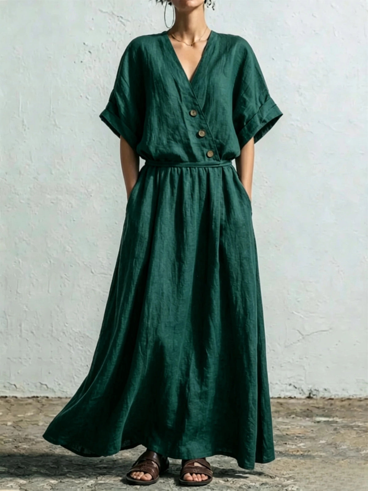 Women's Solid-Color Casual Loose V-Neck High-Waisted Dress