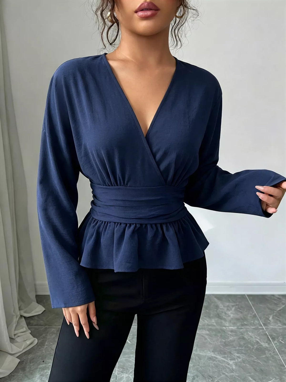 Women's Dark Blue Surplice Long Sleeve Wrap Blouse - Dark Blue