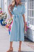 Women's Light Blue Full Buttons Collared Short Bubble Sleeve Long Denim Dress - Light Blue