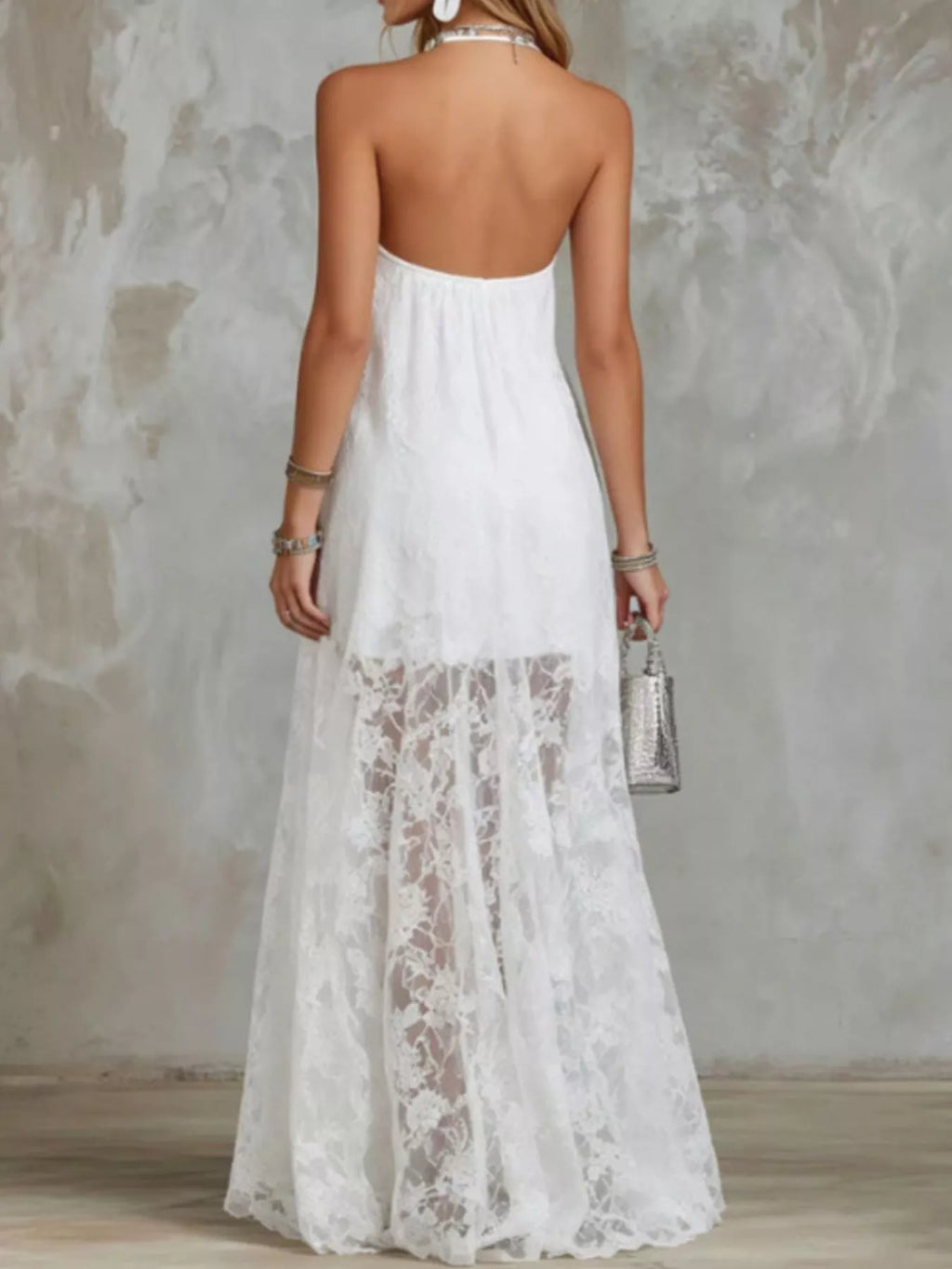 Women's White Halter Neck Lace Hem Maxi Dress - White