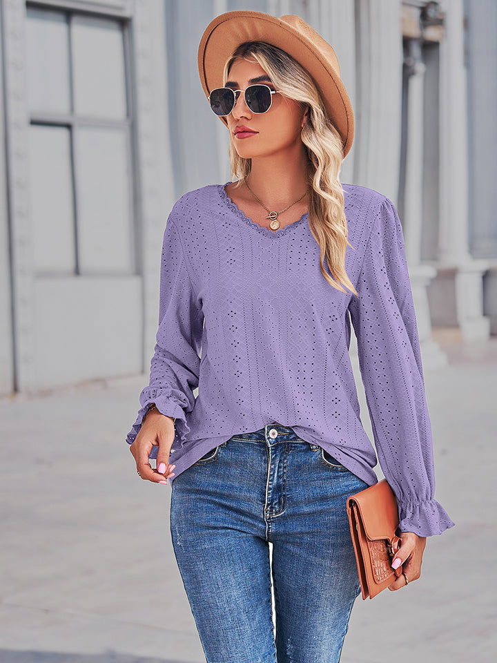 Women's Eyelet V-Neck Flounce Sleeve Blouse