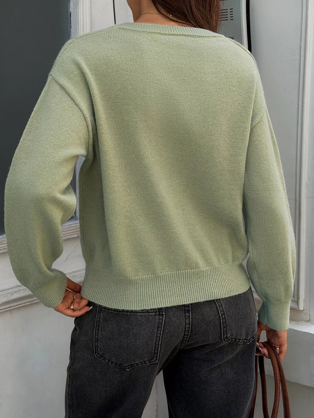 Women's Green V-Neck Ribbed Hem Sweater - Green