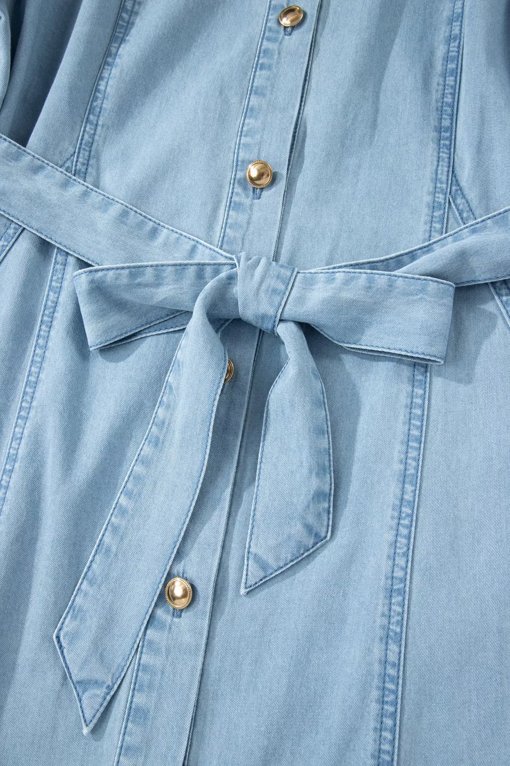 Women's Light Blue Full Buttons Collared Short Bubble Sleeve Long Denim Dress - Light Blue